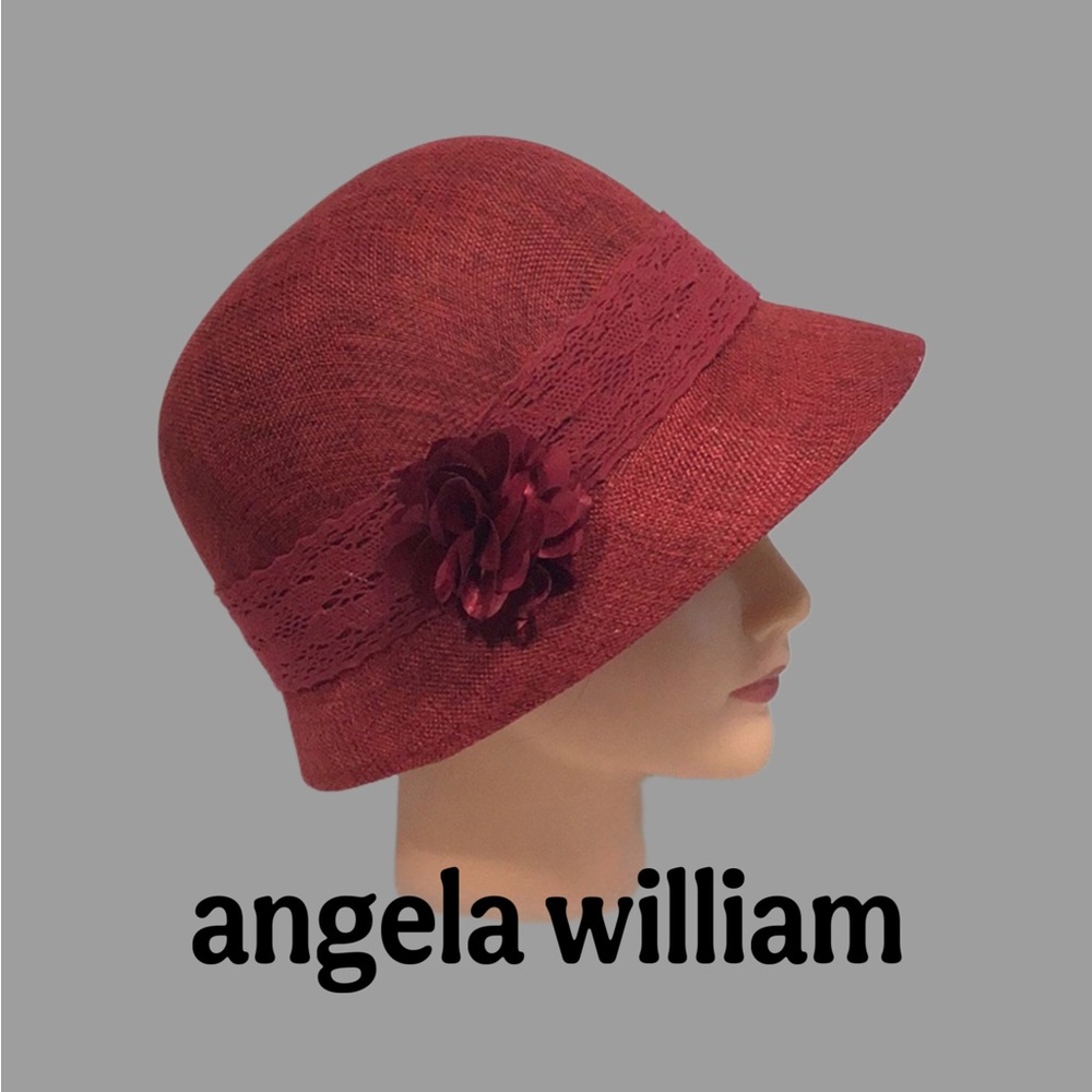 ANGELA WILLIAM Gatsby Red Heather Linen Cloche Hat Lace Cotton Band and Flower
